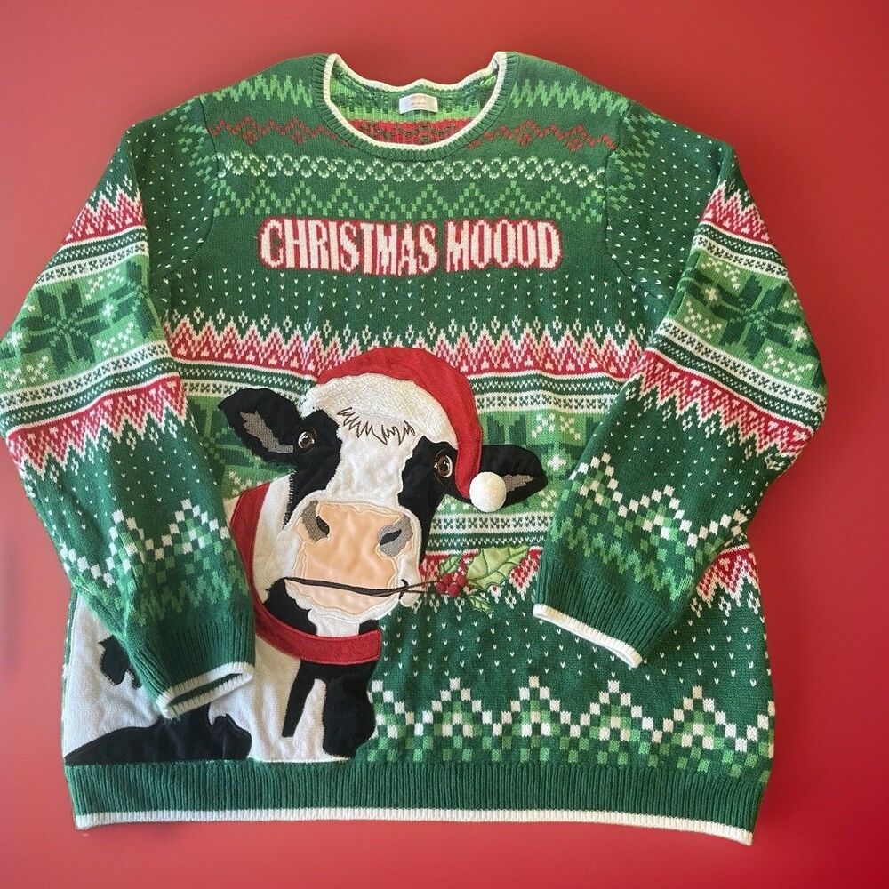 Holiday Time Ugly Christmas Sweater 2XL Unisex Cow "Christmas Moood" Funny